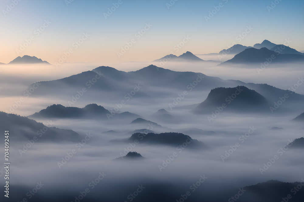 A mystic view of a mountain valley filled with early morning fog, with the tops of mountains peering through and the first light of dawn casting a soft glow.