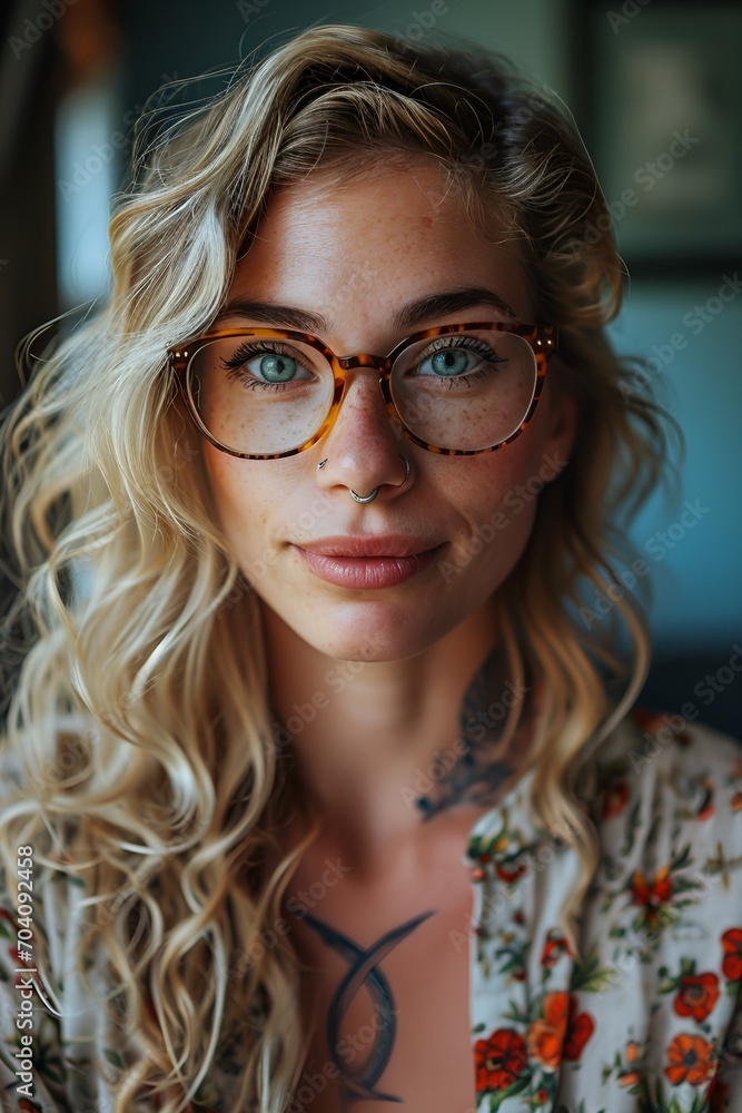 Portrait of a Tattooed Blonde Author with Blue-Green Eyes Portrait of a Tattooed Blonde Author with Blue-Green Eyes