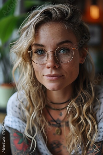 Whimsical Blonde Woman with Tattoos and Glasses