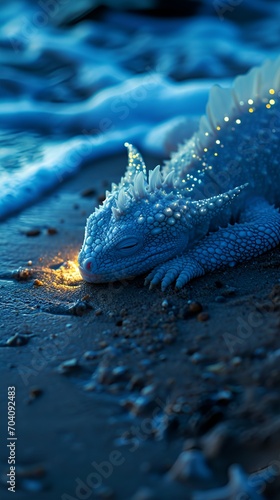 Bioluminescent White Dragon Asleep on Starlit Beach