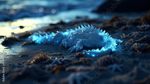 Bioluminescent White Dragon Asleep on Starlit Beach