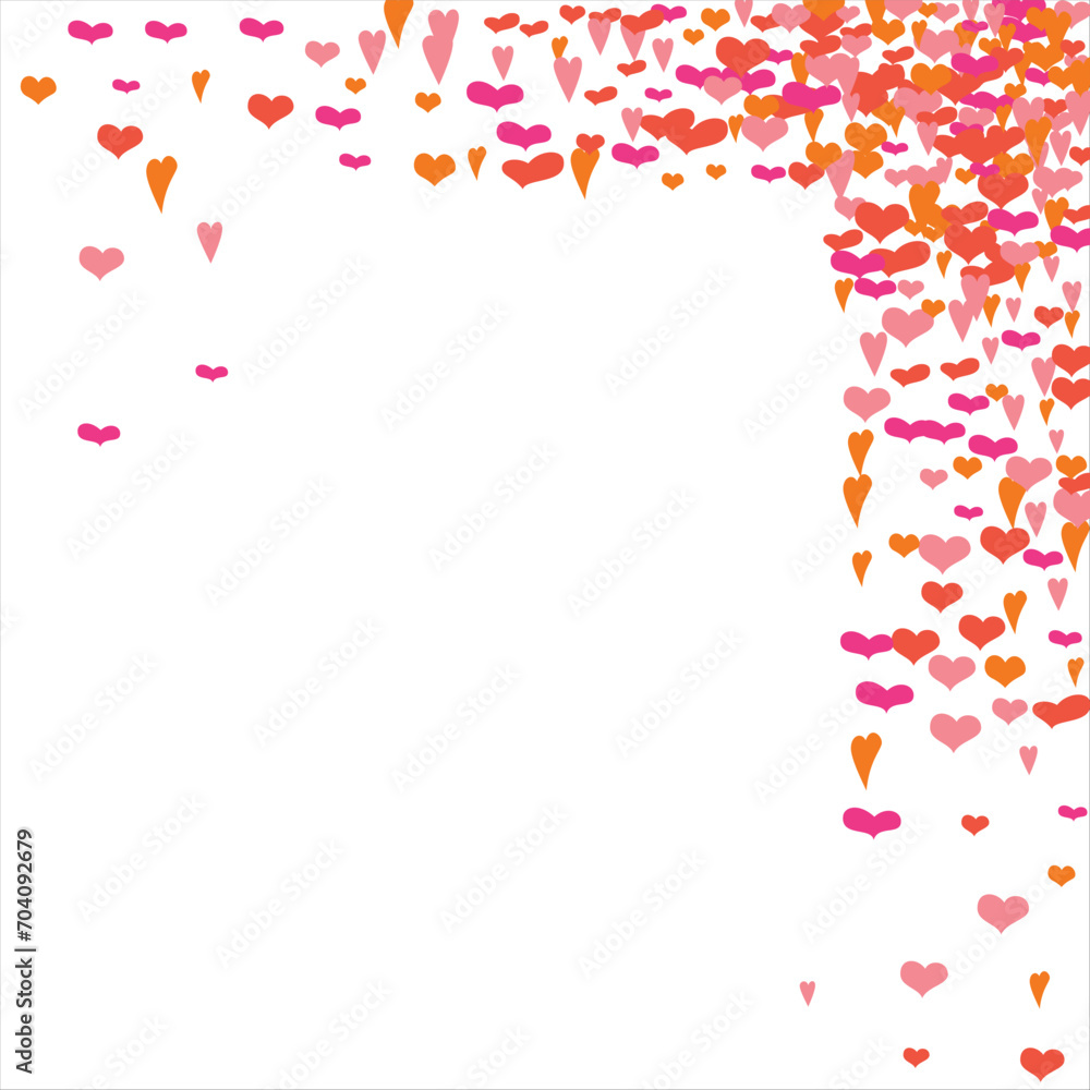 Obraz premium Bright hearts confetti corner frame on white background. Valentine's Day. Banner template. Space for text. illustration.