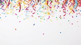 colorful confetti and streamers on white background with copy space