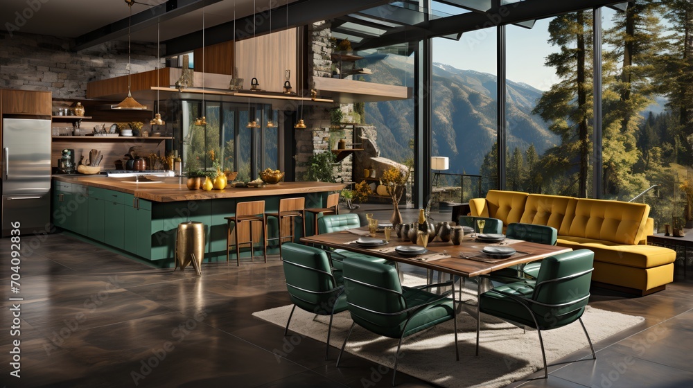 Fototapeta premium Modern mountain home interior with kitchen, dining area, and living room