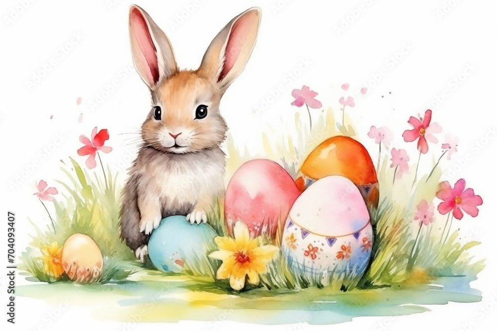 Watercolor illustration of easter eggs with rabbit between flowers in the grass. Easter card. Generative AI Watercolor illustration of easter eggs with rabbit between flowers in the grass. Easter card. Generative AI