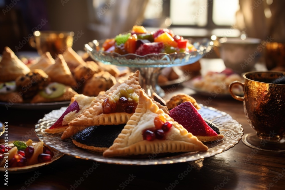A joyful Purim tableau captured in this image, highlighting 'Hamantaschen' and other celebratory dishes set amidst festive decorations A joyful Purim tableau captured in this image, highlighting 'Hamantaschen' and other celebratory dishes set amidst festive decorations