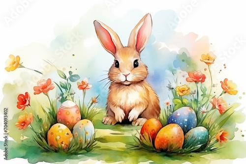 Watercolor illustration of easter eggs with rabbit between flowers in the grass. Easter card. Generative AI © Viktoriia