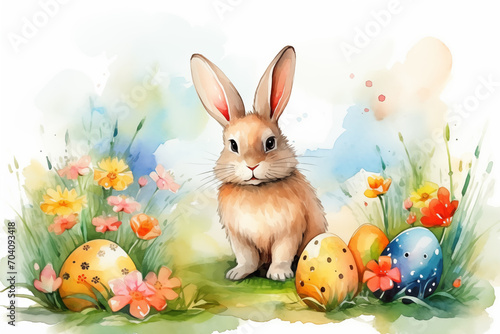 Watercolor illustration of easter eggs with rabbit between flowers in the grass. Easter card. Generative AI