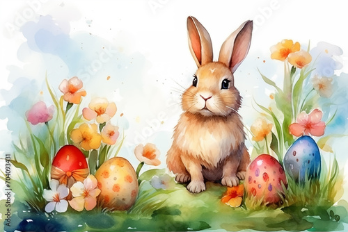 Watercolor illustration of easter eggs with rabbit between flowers in the grass. Easter card. Generative AI.