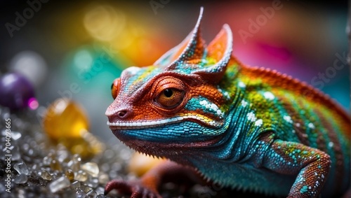 Colorful chameleon perched on edge, gazing at camera. Illustration Generative ai 