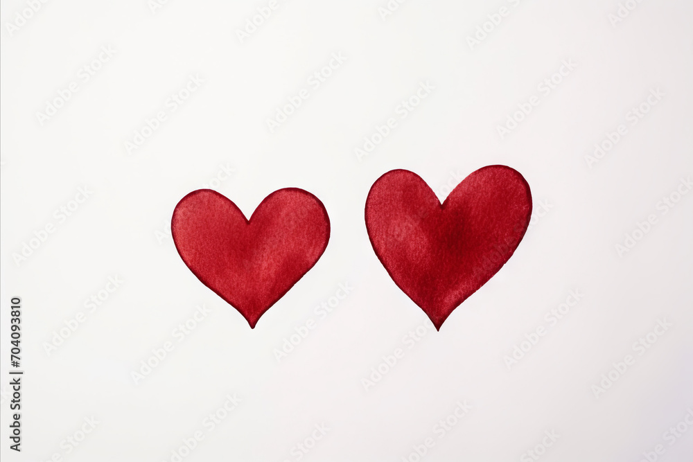 Two red hand painted hearts on white background. Simple painting card for St. Valentines day, wedding, anniversary