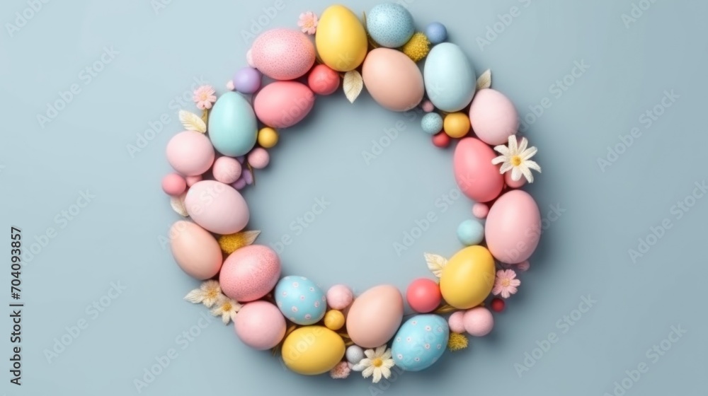 Easter wreath of pastel pink and blue eggs on blue background. Religion tradition pattern. View from above. Flat lay style. Happy Easter. Greeting card. Copy space. Easter wreath of pastel pink and blue eggs on blue background. Religion tradition pattern. View from above. Flat lay style. Happy Easter. Greeting card. Copy space.