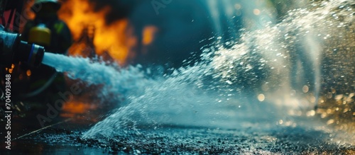 Firefighters use water to put out fires. Close-up of water spray.