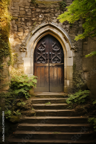 A captivating image capturing an ancient  gothic-style wooden door set in a stone archway  surrounded by lush greenery and aged stone steps leading up to it