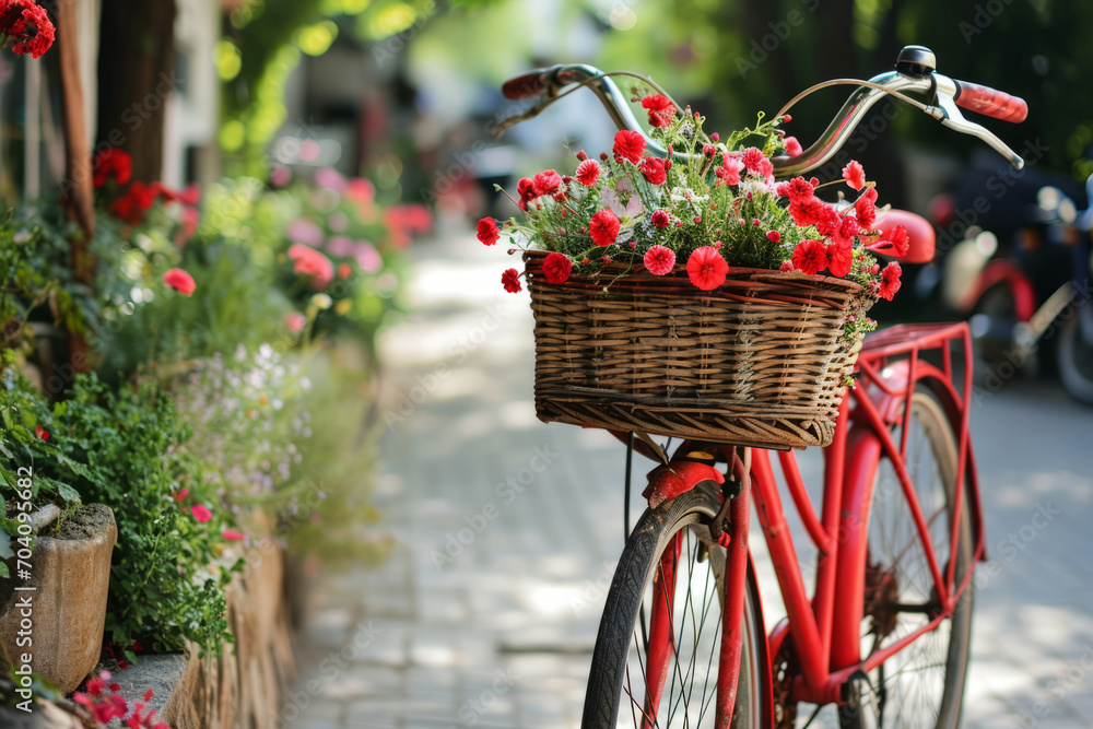Vintage red bicycle with flowers in its basket. Generative AI