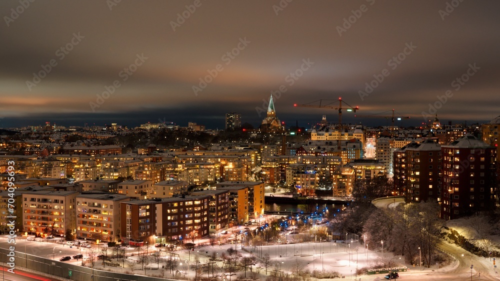 Winter view of Södermalm and Hammarby Sjöstad in Stockholm, Sweden