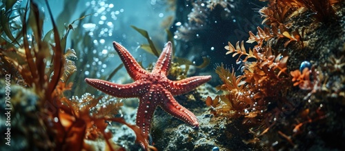 Underwater photography of marine life: red starfish and water plants in the deep sea.
