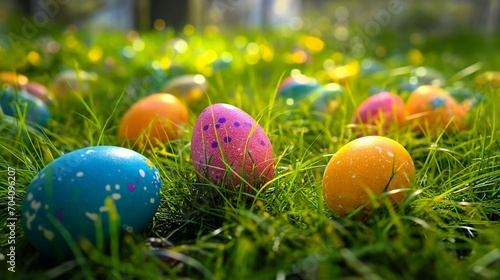 Multicolored Easter eggs lay on a green lawn