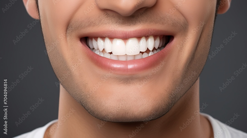 Fototapeta premium Young man, beautiful smile, grey background, concept: teeth whitening, copy space, 16:9