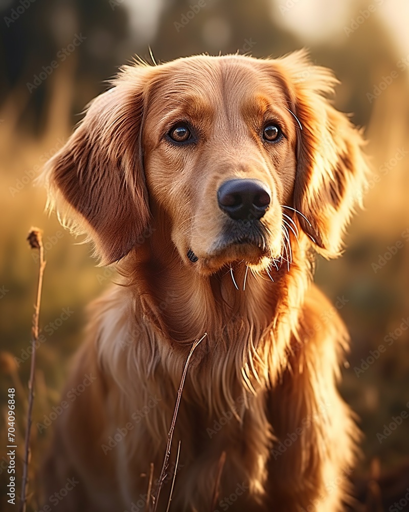 Beautiful golden retriever dog in the field at sunset light.