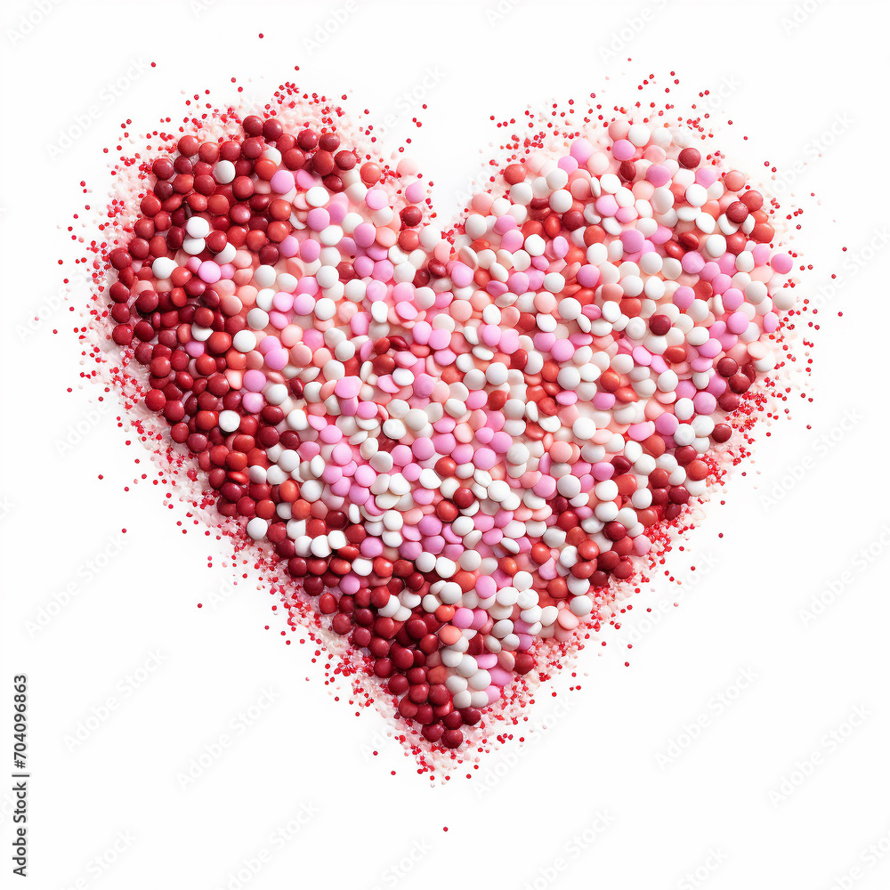 Red, pink and white sprinkles, candies heart shaped isolated on a white background,  Valentine's day, wedding, love illustration