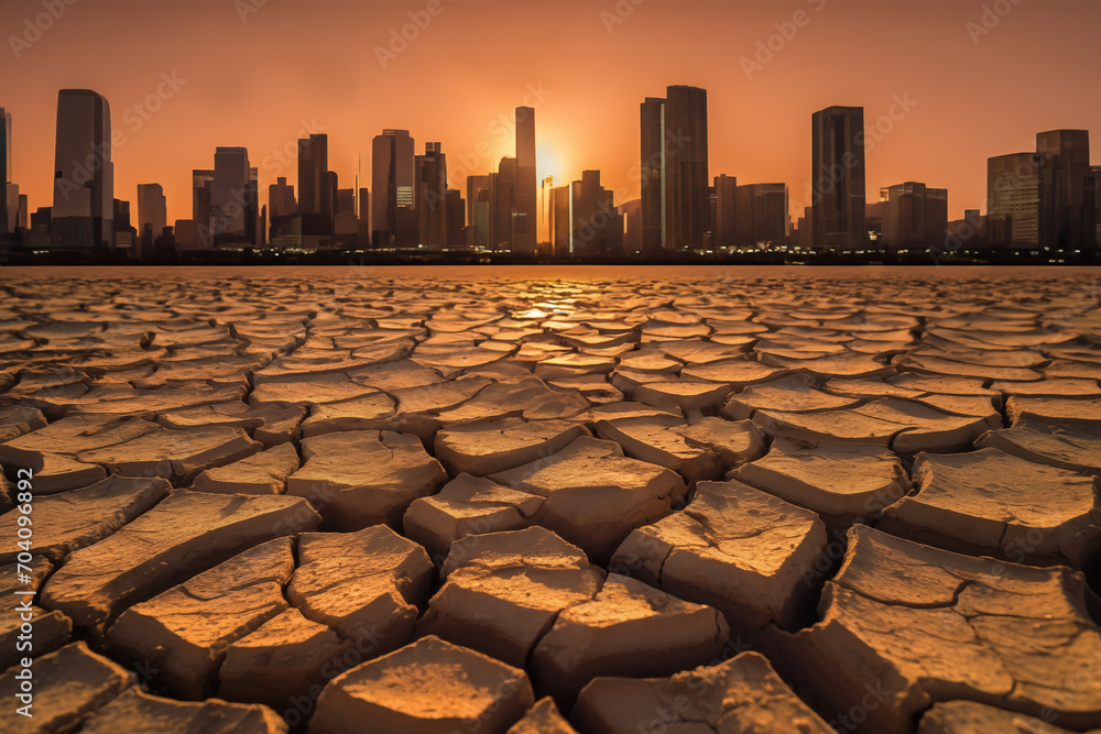 Drought land at Cityscape of buildings. Global drought. City metropolis at Dry cracked earth. Water crisis, World Climate change. Dried earth at city, Business district. No freshwater. Cracked earth. - obrazy, fototapety, plakaty 
