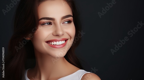 Young woman  beautiful smile  grey background  concept  teeth whitening  copy space  16 9