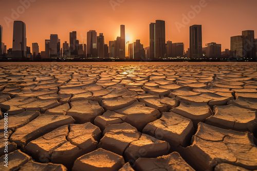 Drought land at Cityscape of buildings. Global drought. City metropolis at Dry cracked earth. Water crisis, World Climate change. Dried earth at city, Business district. No freshwater. Cracked earth.