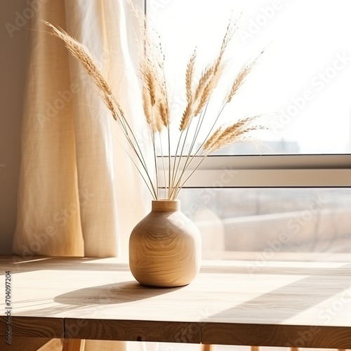 wheat stalk in a wooden vase by the window