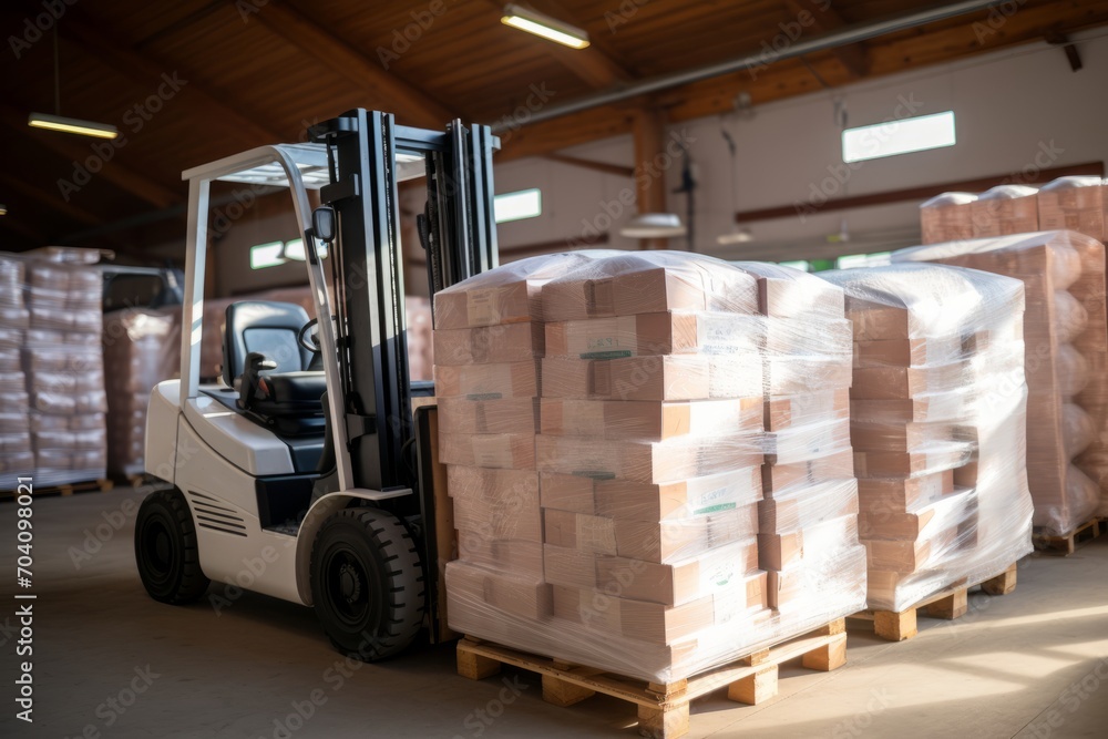 Forklift Loader Transporting and Loading Cardboard Boxes