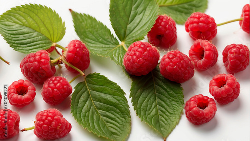 Ripe red raspberries on a white background