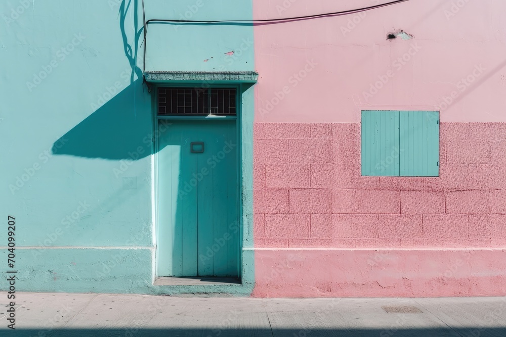 A vibrant blue and pink building stands out on the busy street, its turquoise door inviting you to enter and discover the hidden wonders within its walls