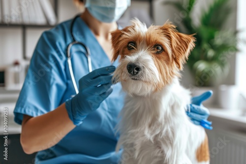 a doctor gives an injection to a dog at a veterinary clinic photo