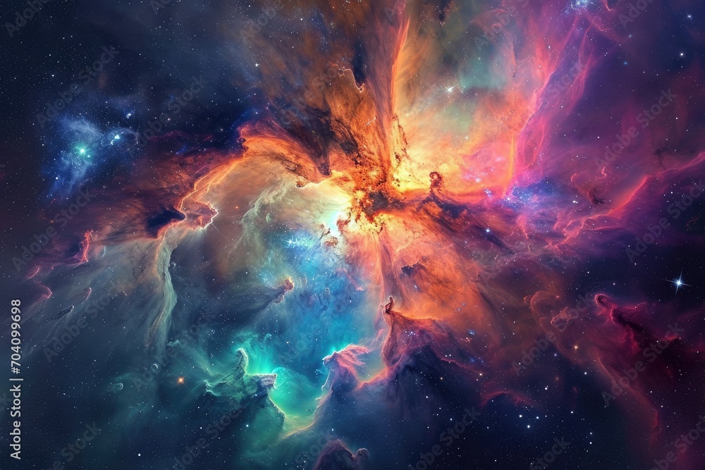 Vibrant hues swirl among glittering stars, painting a breathtaking cosmic masterpiece in the vastness of outer space