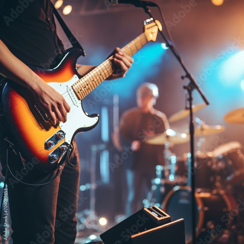 Guitarist and drummer performing live on stage