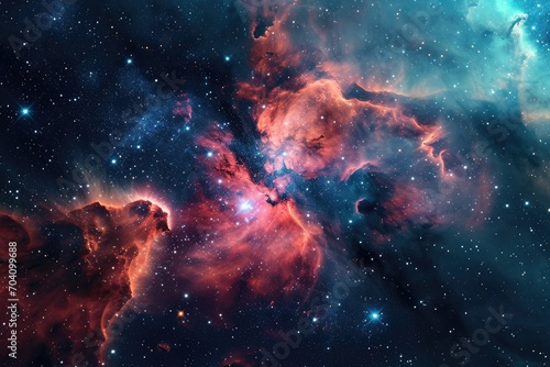 Vibrant hues of celestial nebula dance amongst a sea of stars, a captivating display in the vastness of the universe