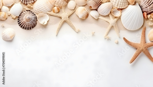 Top view of a sandy beach with collection of white and beige seashells and starfish as natural textured background for summer travel design