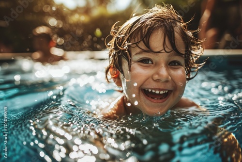 A young boy's beaming smile lights up the outdoor leisure centre as he joyfully swims in the sparkling pool, his human face immersed in the refreshing water photo