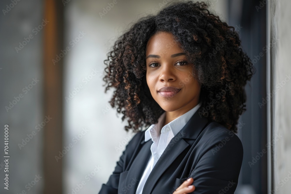 A confident woman with a beautiful smile stands outdoors, her dark jheri curls framing her face as she wears a sharp suit and dress, exuding elegance and power A confident woman with a beautiful smile stands outdoors, her dark jheri curls framing her face as she wears a sharp suit and dress, exuding elegance and power