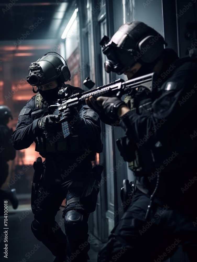 Special forces soldiers in black uniforms and helmets with guns Special forces soldiers in black uniforms and helmets with guns