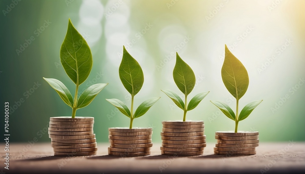 Green plant growing on coins on nature background. Savings, investment, interest and economic growth concept. Copy space. Generative AI Green plant growing on coins on nature background. Savings, investment, interest and economic growth concept. Copy space. Generative AI