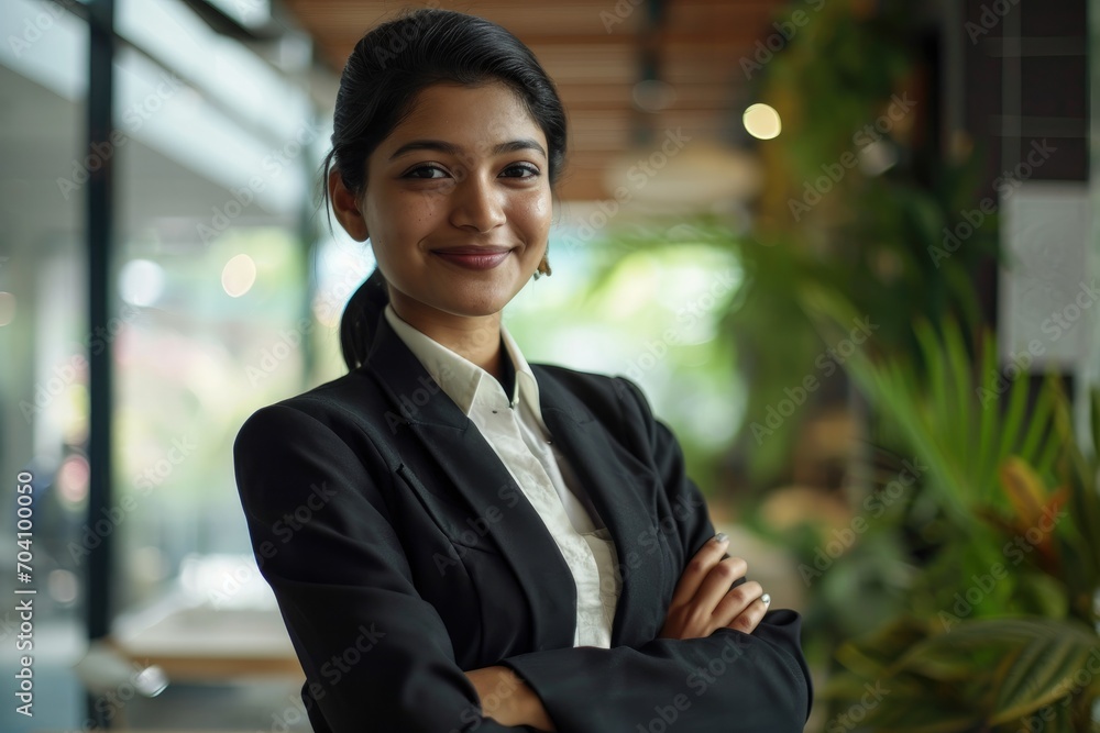 A confident businesswoman stands in front of a modern building, radiating success and professionalism with her sharp dress shirt, blazer, and charming smile A confident businesswoman stands in front of a modern building, radiating success and professionalism with her sharp dress shirt, blazer, and charming smile