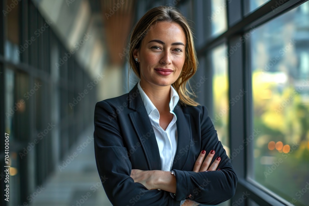 A confident businesswoman exudes professionalism and success as she gazes out the window of her office building, dressed in a sharp blazer and crisp dress shirt A confident businesswoman exudes professionalism and success as she gazes out the window of her office building, dressed in a sharp blazer and crisp dress shirt