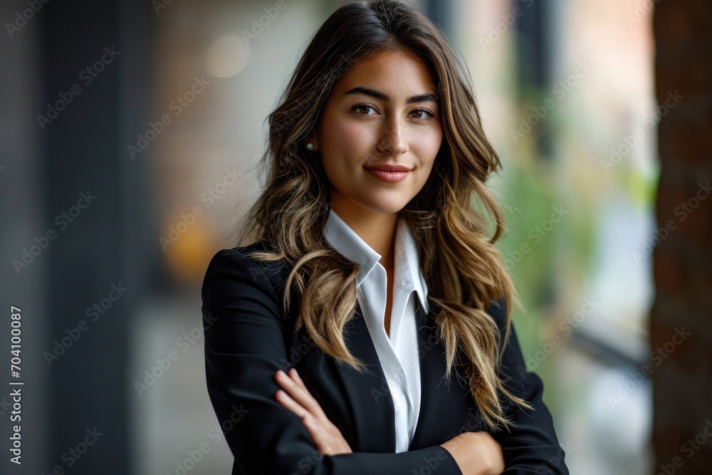 A confident lady stands against a city building, her layered hair and blazer adding to her street fashion look as she gazes at the camera with a slight smile, exuding strength and style A confident lady stands against a city building, her layered hair and blazer adding to her street fashion look as she gazes at the camera with a slight smile, exuding strength and style