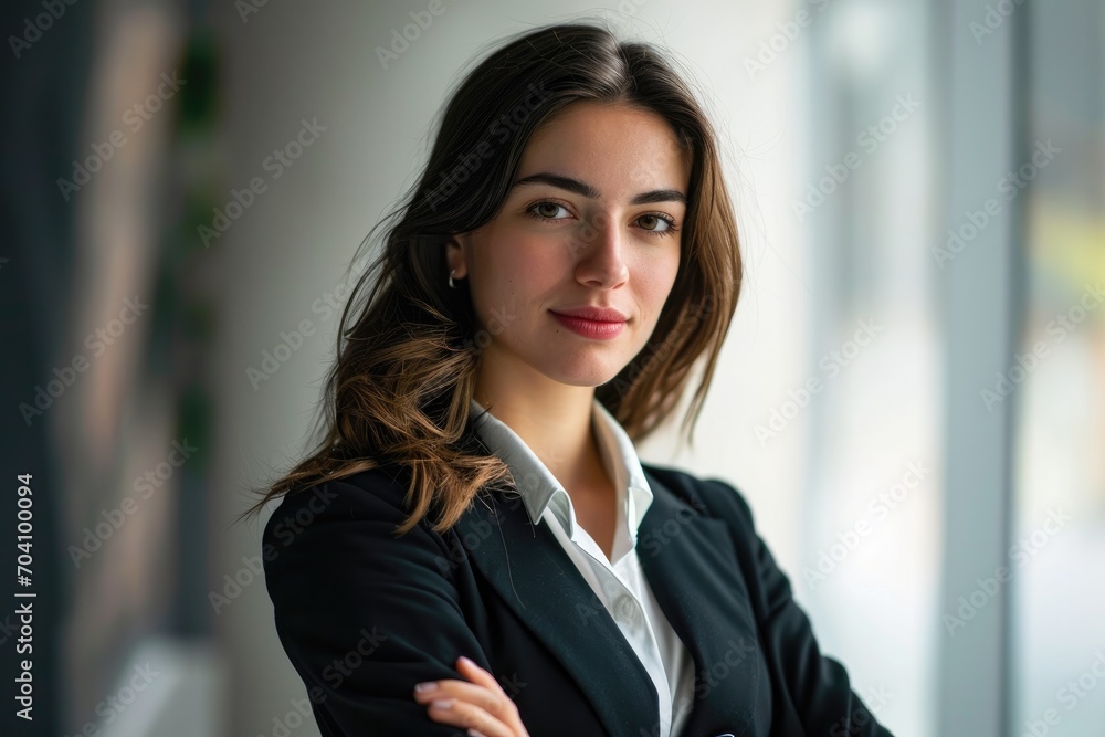 A powerful, confident woman in a tailored suit exudes sophistication and strength as she poses for a portrait, her long layered hair framing her striking face with bold brown eyebrows and a statement A powerful, confident woman in a tailored suit exudes sophistication and strength as she poses for a portrait, her long layered hair framing her striking face with bold brown eyebrows and a statement