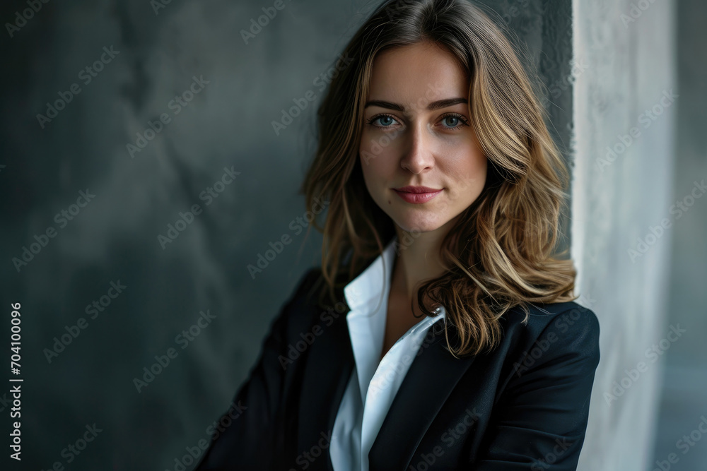 A fierce and stylish woman stands confidently in front of a wall, her layered hair framing her determined face as she poses for a fashion photo shoot A fierce and stylish woman stands confidently in front of a wall, her layered hair framing her determined face as she poses for a fashion photo shoot