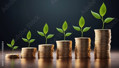 Money growing - A row of stacks of coins with plants growing up. Business finance banking savings investment economy concept. Generative AI photo
