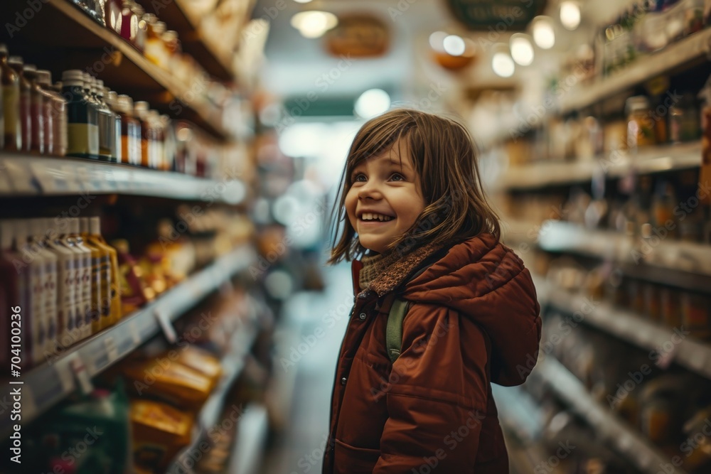 A curious child gazes at the endless rows of colorful clothing on the shelves of a bustling convenience store, as a woman stands nearby, lost in thought amidst the chaos of the indoor retail space A curious child gazes at the endless rows of colorful clothing on the shelves of a bustling convenience store, as a woman stands nearby, lost in thought amidst the chaos of the indoor retail space