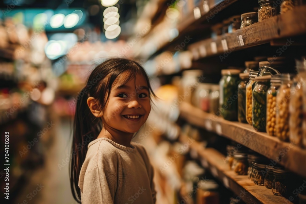A cheerful girl stands in a bustling convenience store, smiling brightly at the camera while surrounded by rows of neatly stacked shelves filled with various bottles and products, showcasing the live