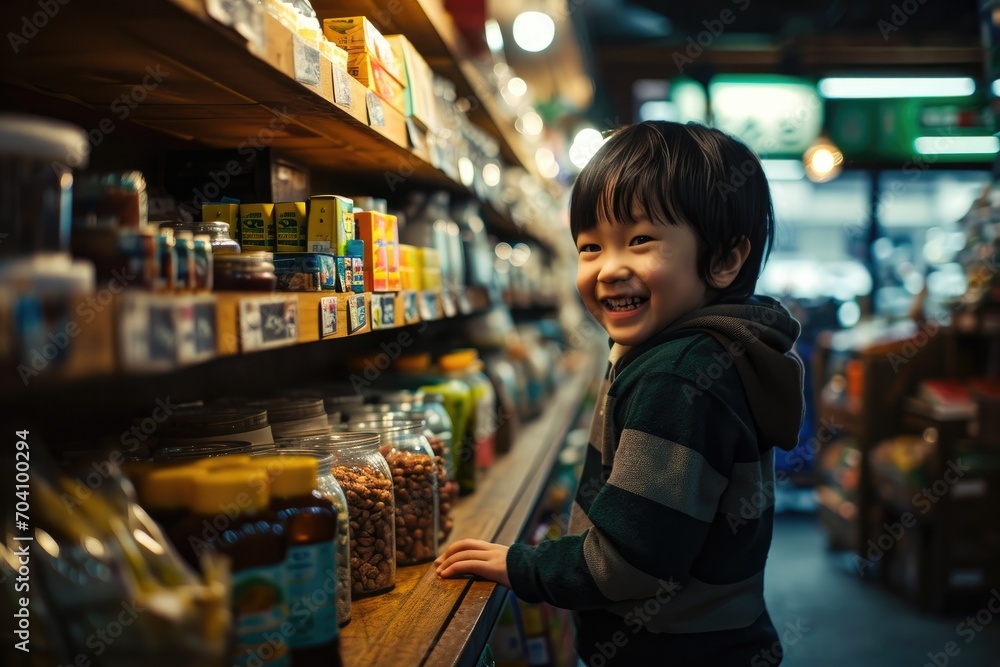 A young boy stands outside a convenience store, smiling as he gazes at the colorful shelves filled with tempting food and drinks